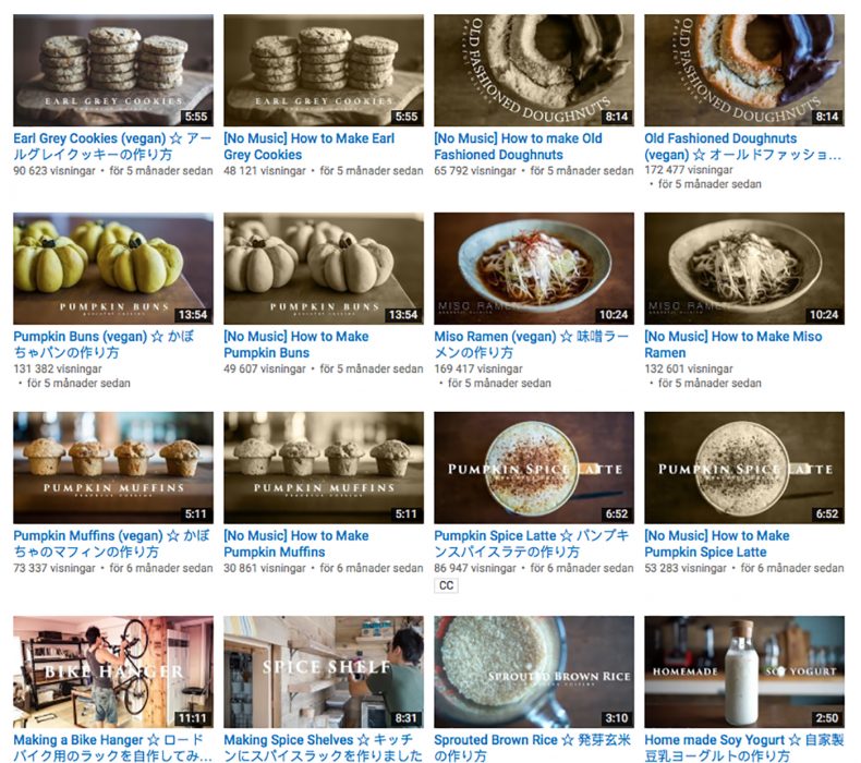 Några av matlagningsfilmerna på Peaceful Cuisines Youtube-kanal.