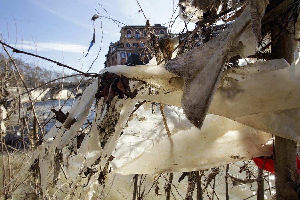 Mängder av plastpåsar har fastnat i trädgrenar längs floden Tiber efter en översvämning