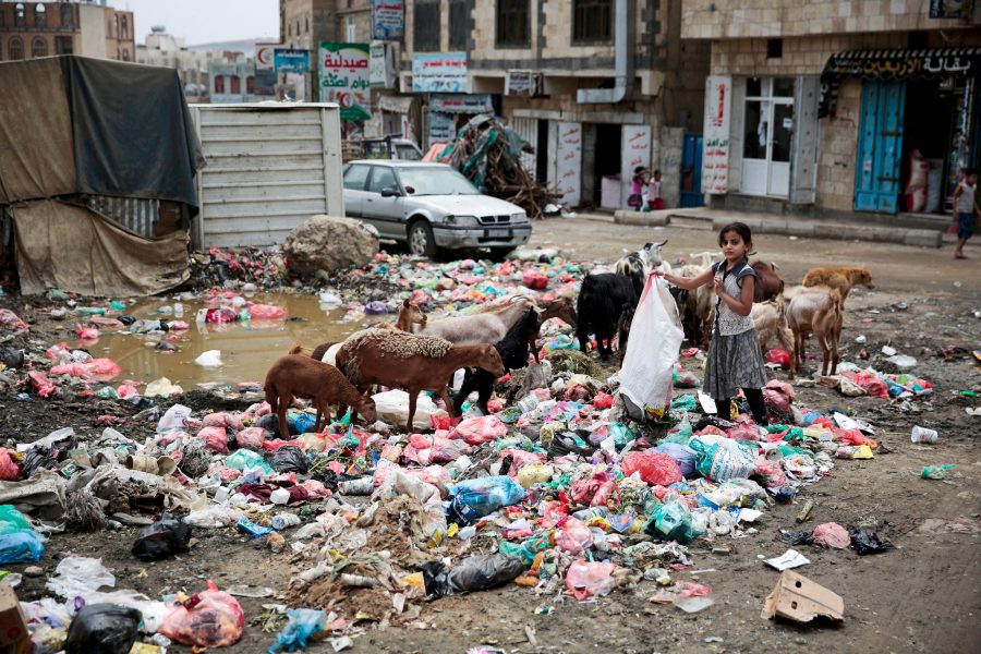 Hani Mohammed/AP/TT | En flicka bland soporna i på gatorna i Sanaa i inbördeskrigets Jemen.