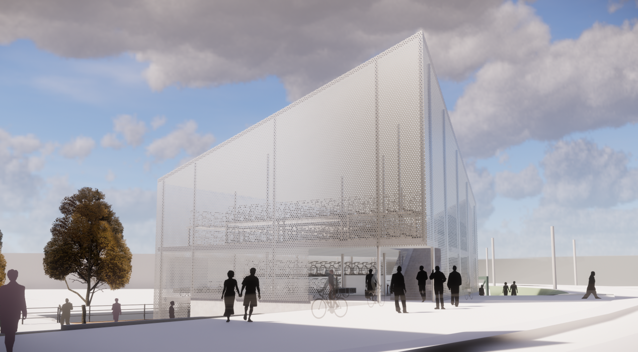 Trafikkontoret Göteborgs stad | En tidig illustration av det nya cykelparkeringshuset vid Gamlestadstorg, som ska stå färdigt om drygt ett och ett halvt år.