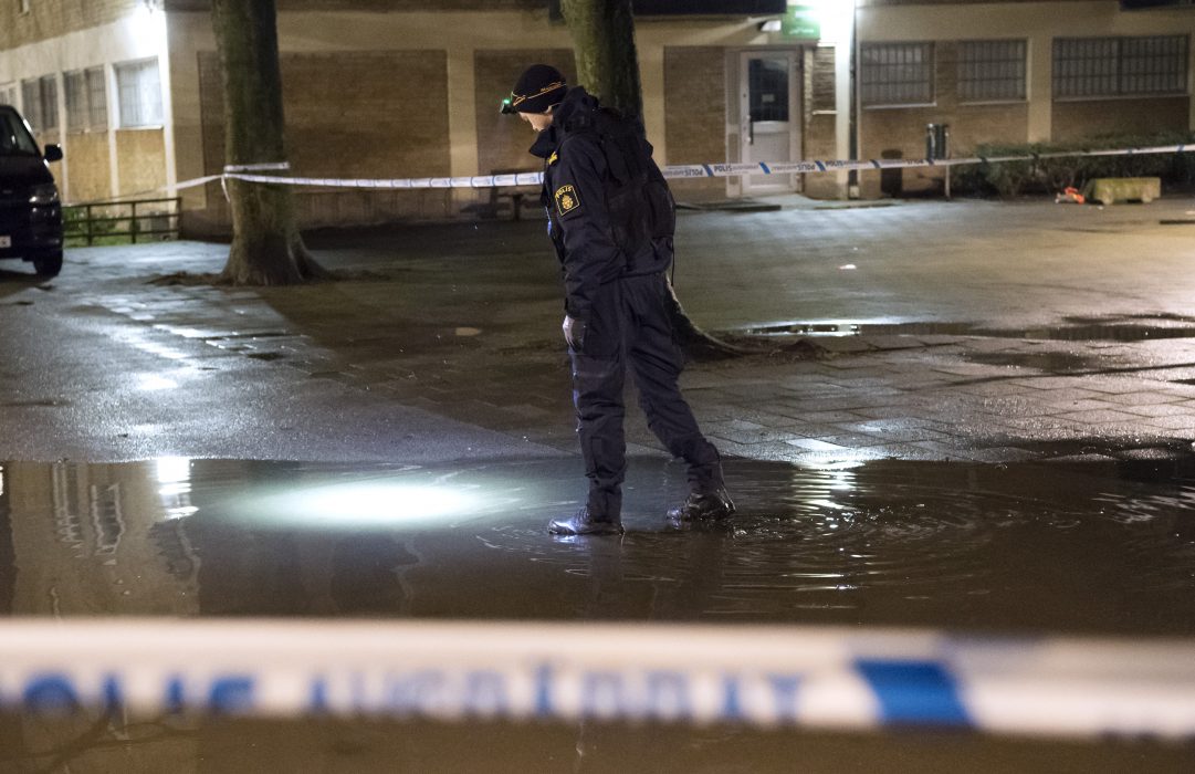 Johan Nilsson/TT | Polisen på plats i området Hermodsdal i Malmö efter en misstänkt skottlossning i februari.