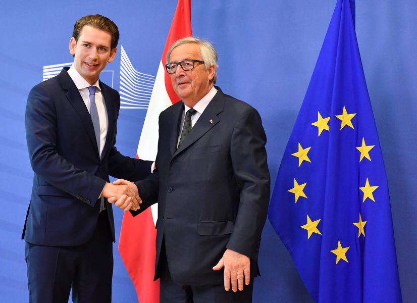 Foto: Geert Vanden Wijngaert/AP/TT | Österrikes förbundskansler Sebastian Kurz skakar hand med EU-kommissionens ordförande Jean-Claude Juncker.
