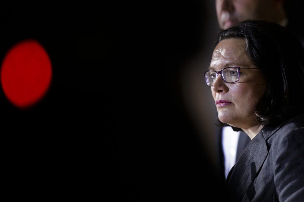 Markus Schreiber/AP/TT | Andrea Nahles, partiledare för tyska Socialdemokraterna (SPD).
