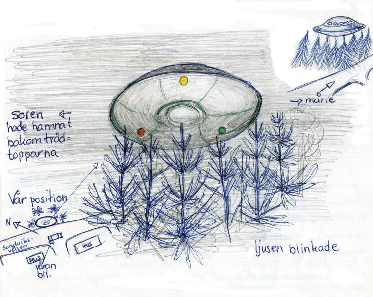 UFO-Sverige/TT | Så här tecknade ett av de två vittnena det föremål som de under flera minuter kunde se hänga fritt i luften nära sin bil i Björkvik i september 1989.