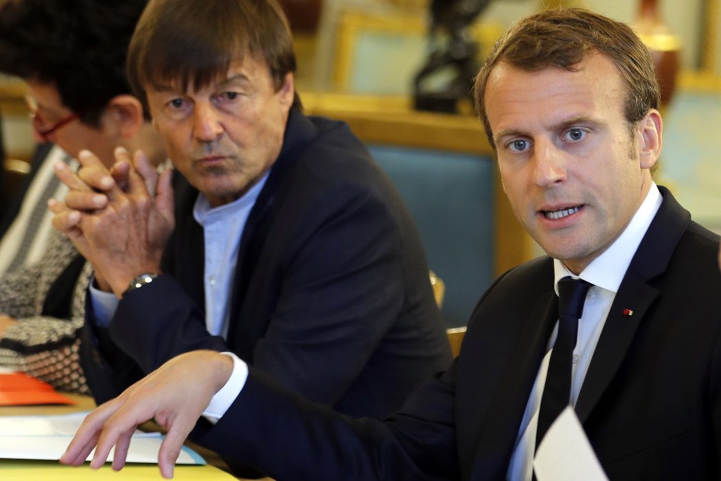 Philippe Wojazer/AP/TT | Nicolas Hulot (till vänster) tillsammans med Frankrikes president Emmanuel Macron.
