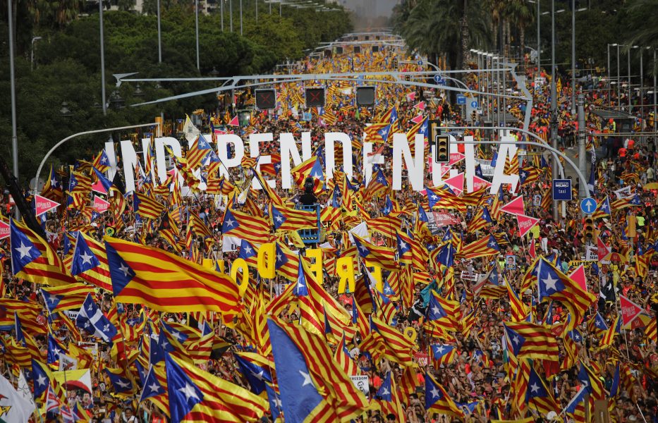 Demonstranter fyller avenyn Avinguda Diagonal i Barcelona för att fira Kataloniens nationaldag "La Diada".