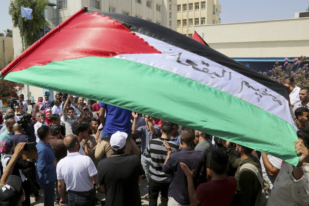 Raad Adaylah/AP/TT |Palestinska flyktingar håller upp flaggor och skanderar mot USA:s beslut att strypa bidrag till FN:s organ för palestinska flyktingar (UNRWA).