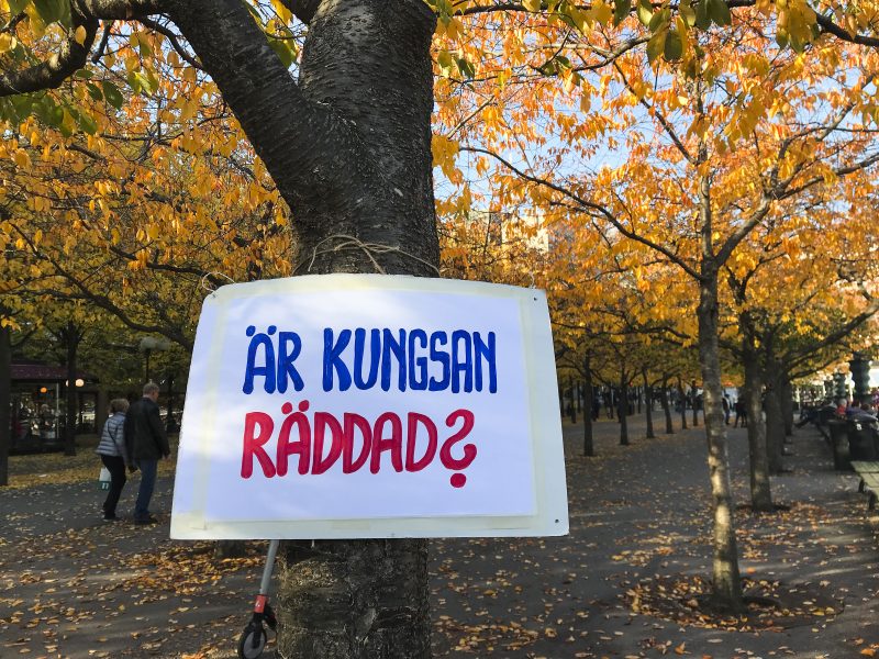 ”Är Kungstan räddad” löd texten på ett plakat i Kungsträdgården under söndagens segermöte.