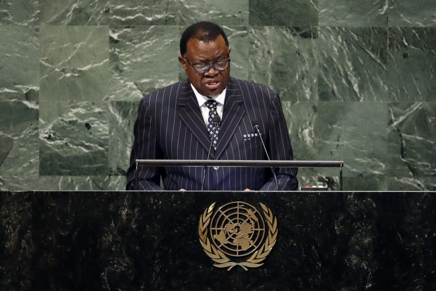 Richard Drew/AP/TT |Namibias president Hage Geingob under ett tal inför FN:s generalförsamling.