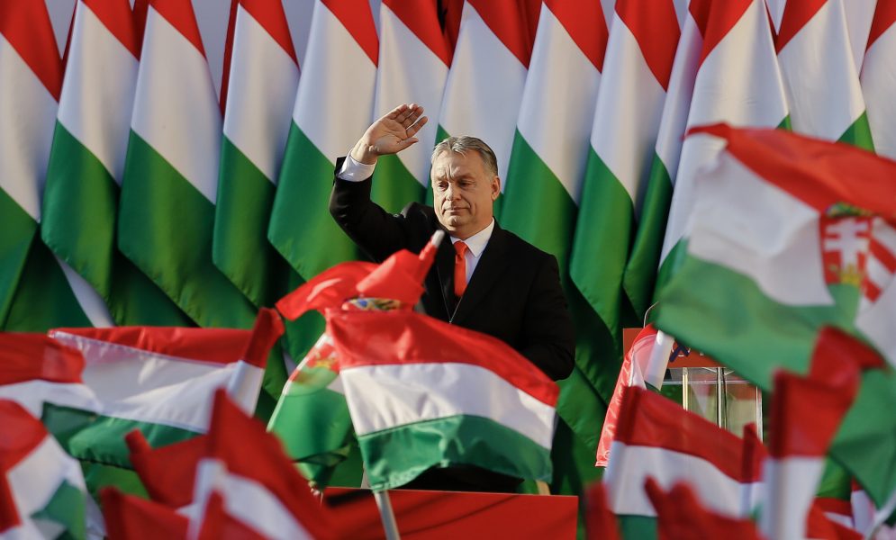 Darko Vojinovic/AP Photo/TT | Premiärminister Victor Orban från Fidesz under valkampanj.