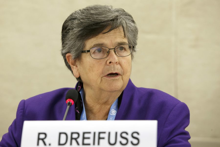 Ruth Dreifuss, tidigare inrikesminister och president i Schweiz, under ett panelsamtal i FN:s högkvarter i Gèneve 2017.