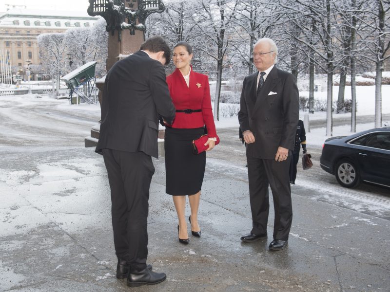Talman Andreas Norlén tar emot kung Carl-Gustaf och kronprinsessan Victoria inför riksdagens 100-årsjubileet av svensk demokrati och den allmänna rösträtten.