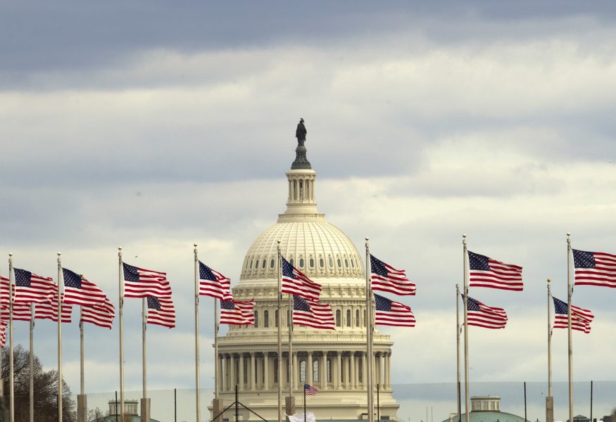Flaggor framför Capitolium i Washington DC där den amerikanska kongressen har sitt säte.