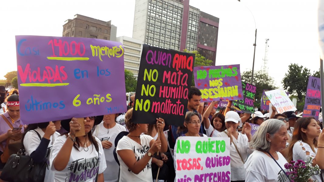 ”Runt 14 000 flickor har blivit våldtagna under de senaste sex åren”, står det på ett av plakaten i samband med en demonstration som hölls i Lima i samband med Internationella dagen mot kvinnovåld i slutet av november.