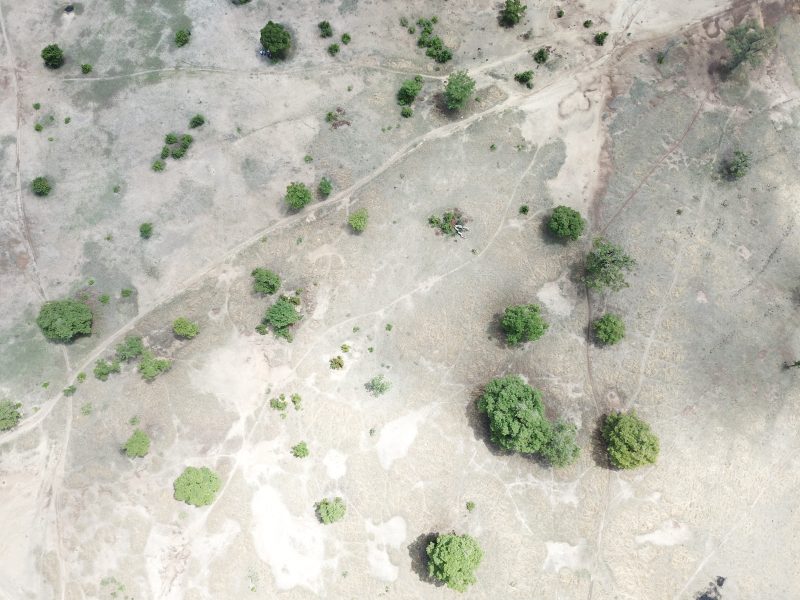 Ett drönarfoto visar ett område i övre östra regionen i Ghana innan olika insatser gjorts för att återställa mark 2015.