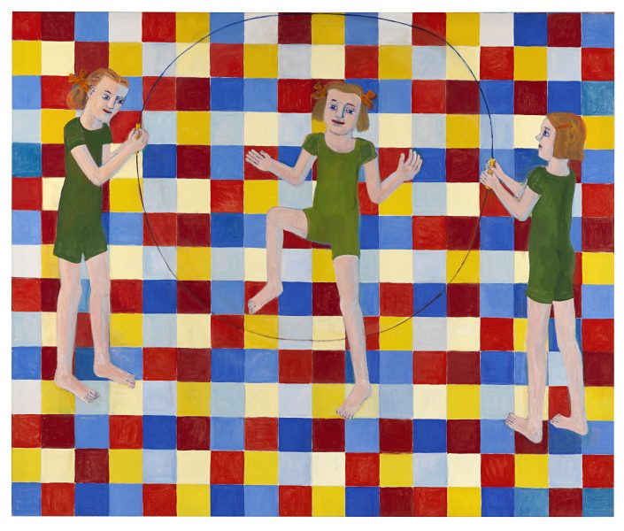 ”Tre flickor med hopprep” (beskuren) av Lena Cronqvist är ett av verken i utställningen Idrottsminnen på Konsthall 16.