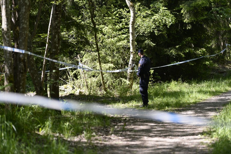 Polisavspärrningar i det skogsområde där kvinnan hittades nedgrävd i maj 2016.