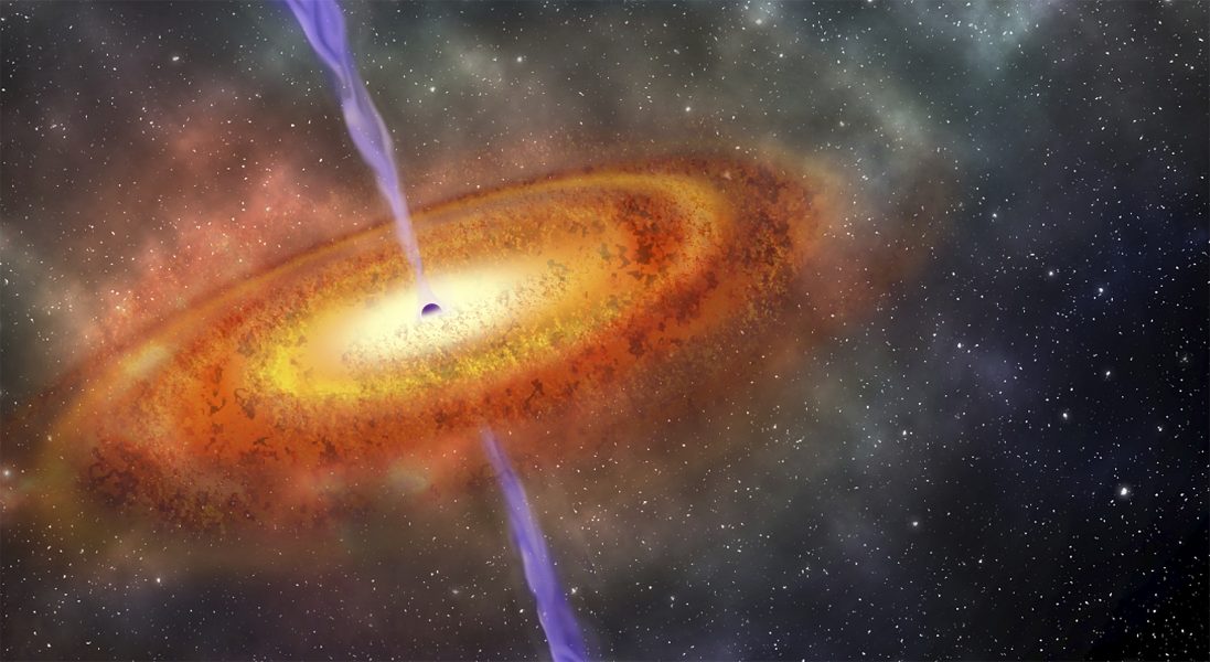 En illustration som visar det största massiva svarta hål man hittat på längst avstånd från jorden.
