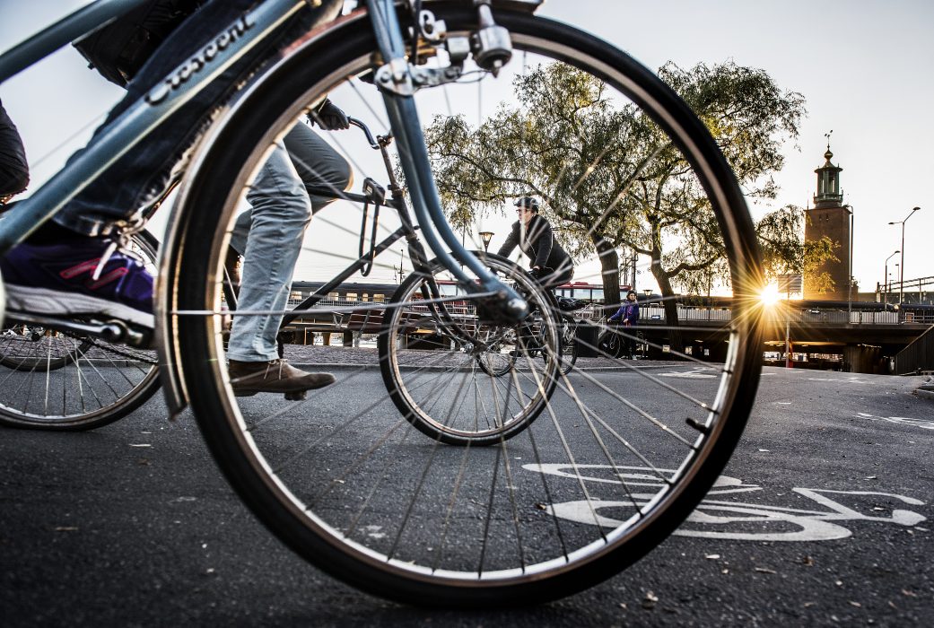 Cykelbanor med Stadshuset i bakgrunden.