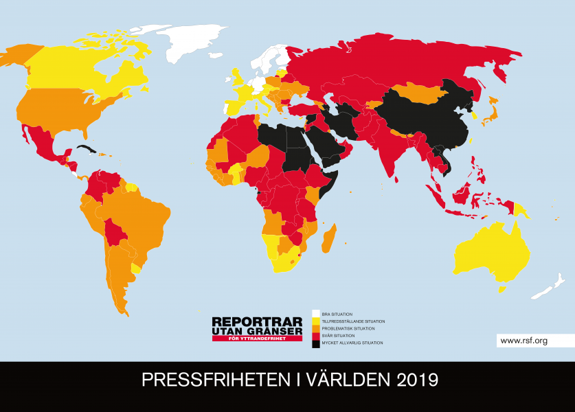 Länderna delas in i olika färger baserat på pressfrihet.