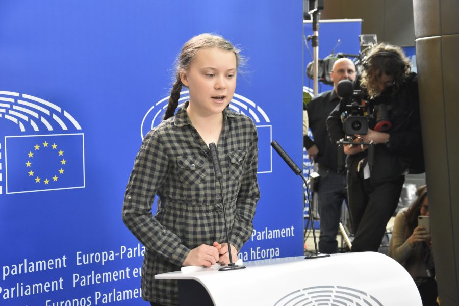 Greta Thunberg vid en presskonferens i EU-parlamentet i mitten av april.