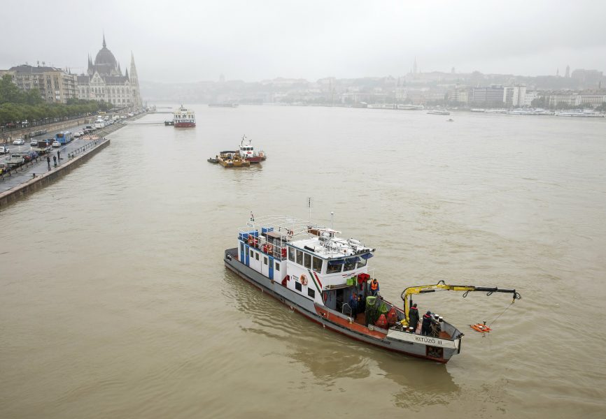En räddningsbåt har med hjälp av ekolod sökt efter överlevande i Donaus vatten.