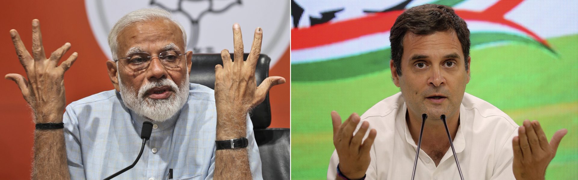 Huvudrivalerna i indiska valet – premiärminister Narendra Modi, till vänster, och Kongresspartiets ordförande Rahul Gandhi.