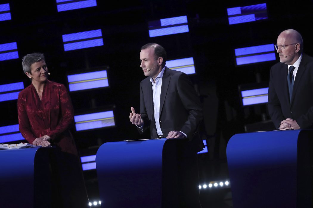 Danska Margrethe Vestager, tyske Manfred Weber och nederländske Frans Timmermans var de största partigruppernas toppkandidater i EU-valet.