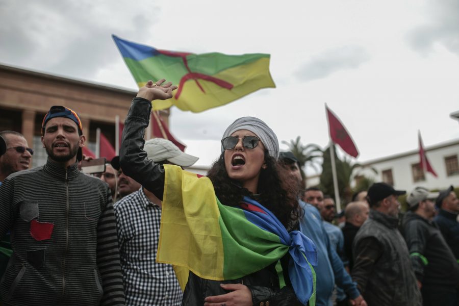 Demonstranter har berbiska flaggor under en protest mot regeringen.