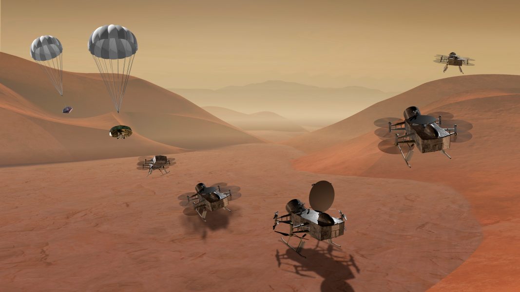 En illustration av hur Nasas drönarlika robot ska kunna landa och sedan flyga vidare på Titan.