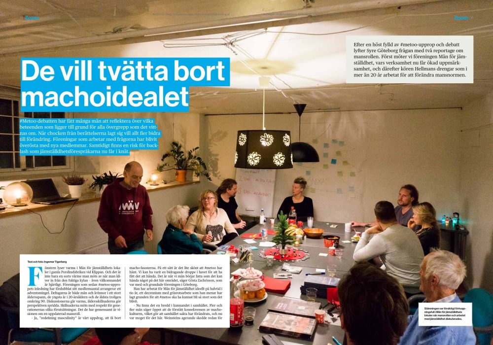 Stämningen var försiktigt förhoppningsfull i Män för jämställdhets lokaler när mansrollen och arbetet med jämställdhet diskuterades.