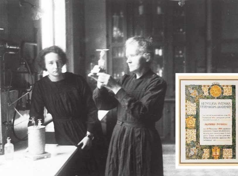 Marie Curie och hennes dotter Irene Joliot-Curie arbetar i labbet.