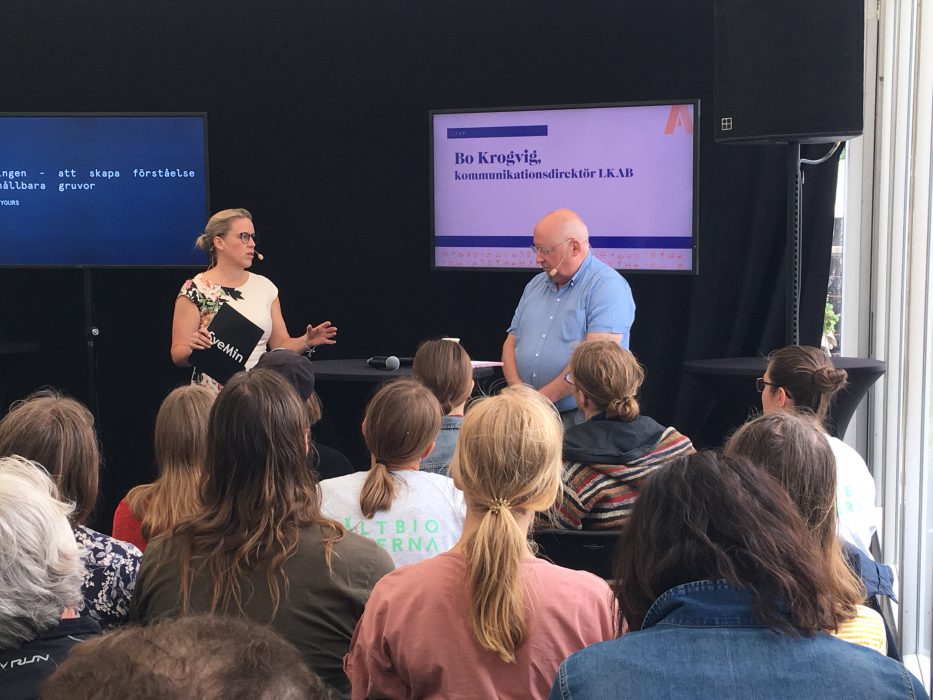 Emma Härdmark (kommunikationschef på Svemin) och Bo Krogvig (kommunikationsdirektör på LKAB) unders seminariet ”Utmaningen - att skapa förståelse för hållbara gruvor”