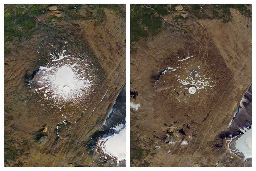 Bilder på den isländska glaciären Okjökull 1986 och 2019.
