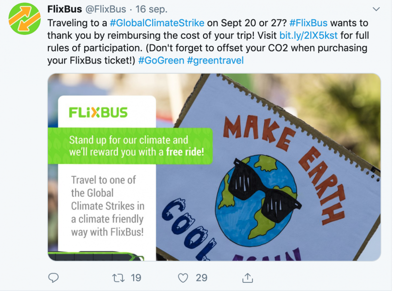Skärmbild från Flixbus Twitterkonto, där de meddelar att de stödjer klimatstrejken genom att erbjuda gratis resor till den som vill delta.