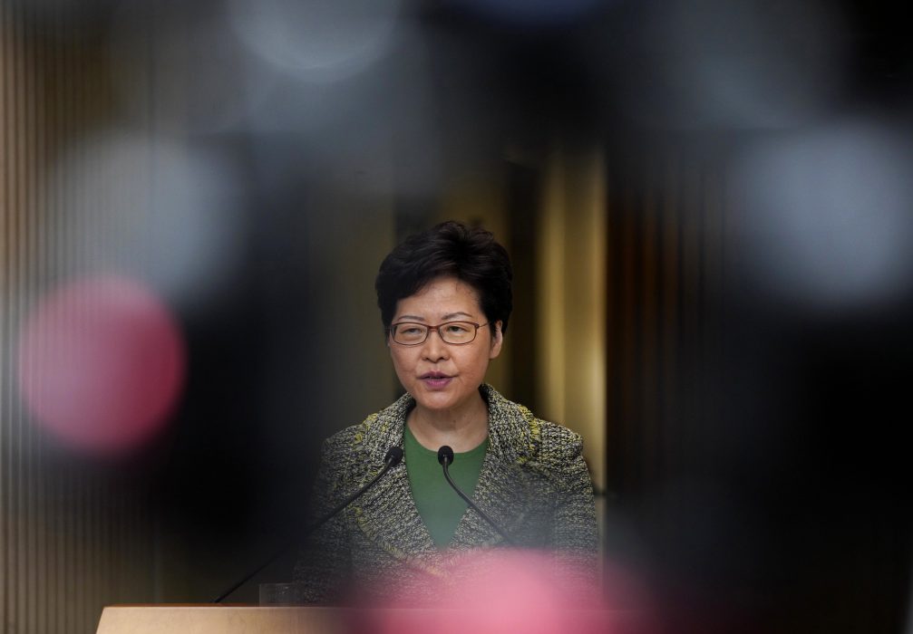 Hongkongs högsta ledare Carrie Lam under en presskonferens häromdagen.
