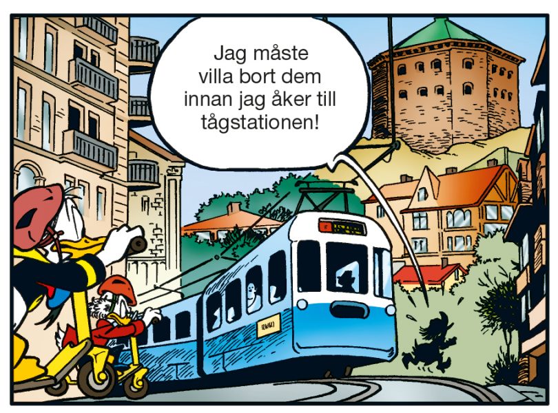 Kalle Anka och Farbror Joakim på jakt efter Magica de Hex i närheten av Skansen Kronan.