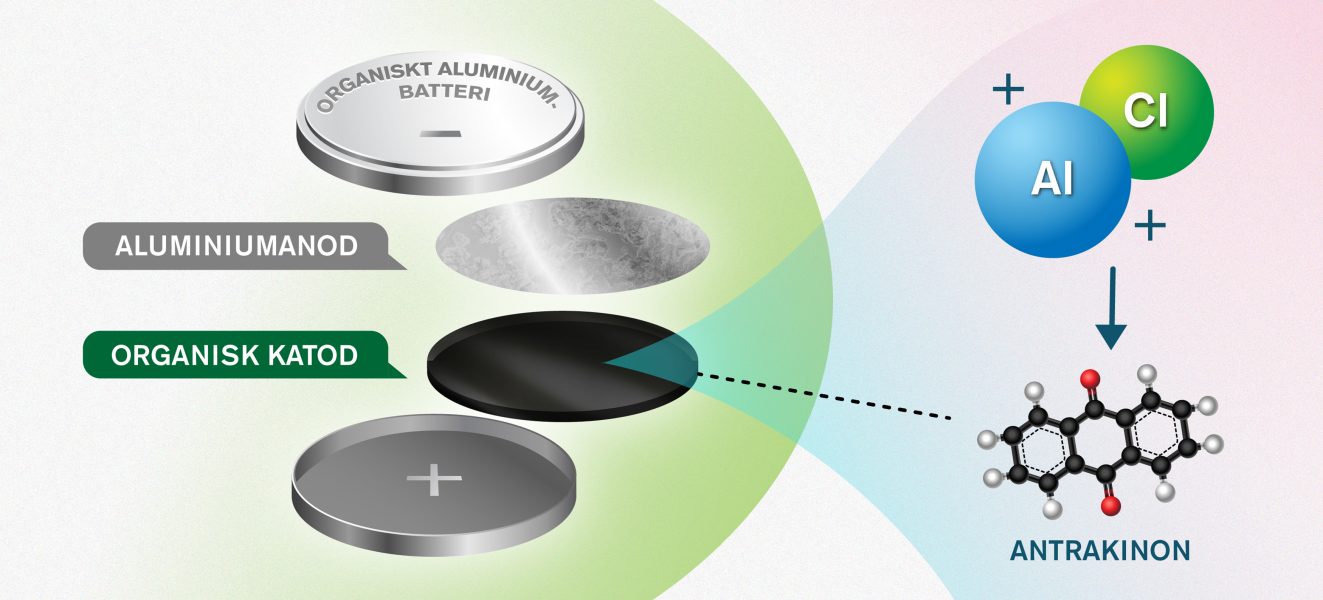 I det nya konceptet består de två batteripolerna – anod och katod – av aluminium respektive ett organiskt material som är uppbyggt av den kolbaserade molekylen antrakinon.