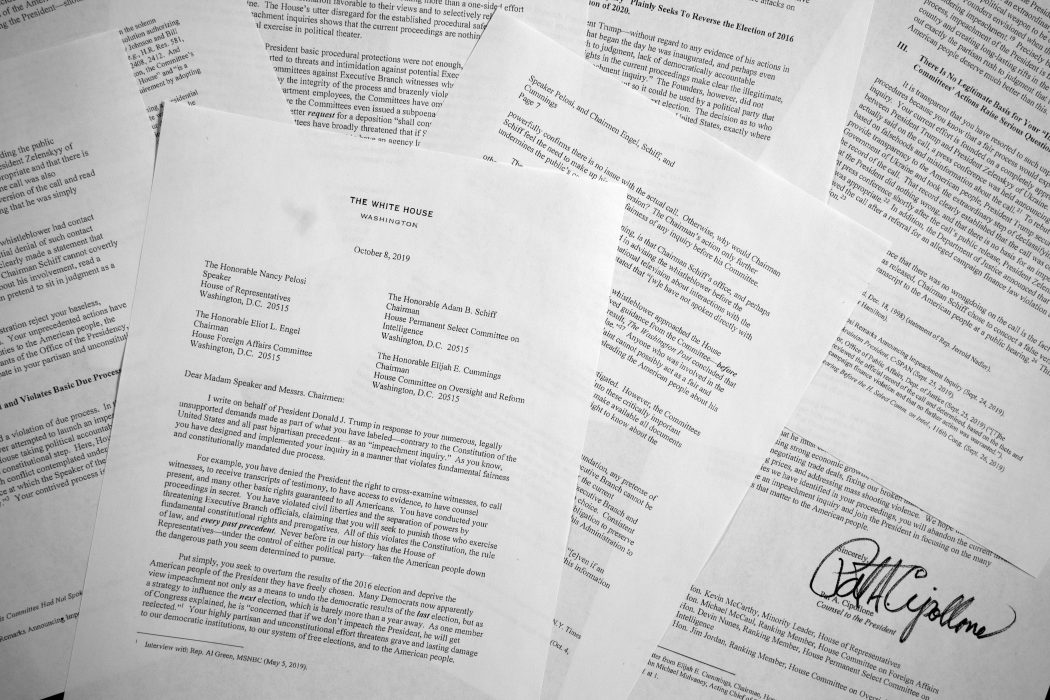 I ett åttasidigt brev till representanthuset meddelade Vita Huset att de inte tänkte samarbeta med kongressen i processen mot riksrätt som har inletts.
