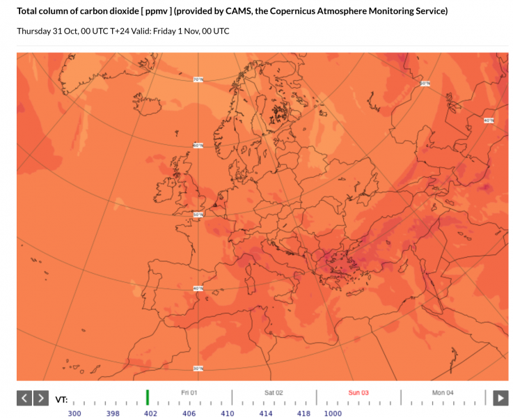 En ögonblicksbild av koldioxidhalten i atmosfären över Europa den 31 oktober.