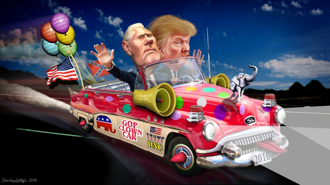 Karikatyrbild av vicepresident Mike Pence, som förnekat att klimatförändringen är ett hot, och president Donald Trump, som länge kallat globala uppvärmningen för en bluff – en fråga han nyligen har ändrat ståndpunkt i.