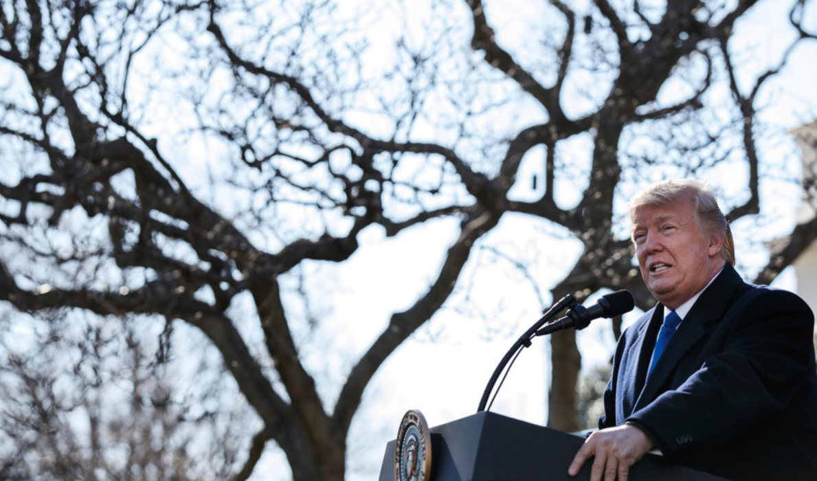 Donald Trump talar för demonstranterna från Vita husets rosenträdgård 2018.