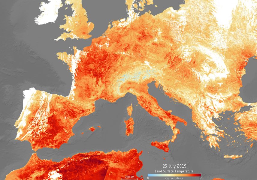 Bild tagen över Europa under värmeböljan sommaren 2019 av en av Copernicus satelliter.