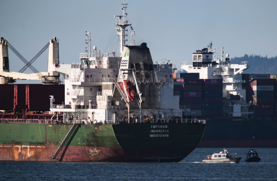 Fraktfartyg ligger för ankar utanför Vancouver till följd av blockaderna.