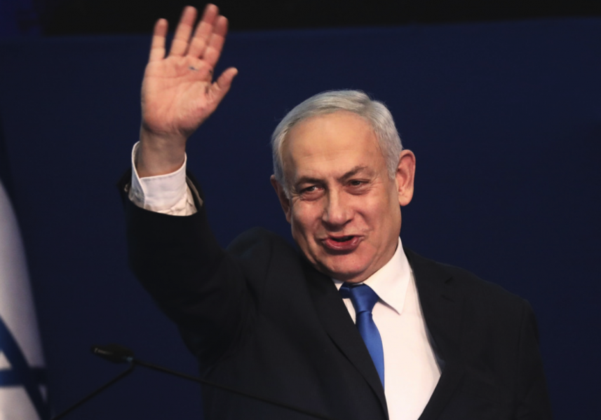 Israels premiärminister Benjamin Netanyahu talade till sina anhängare på valnatten.