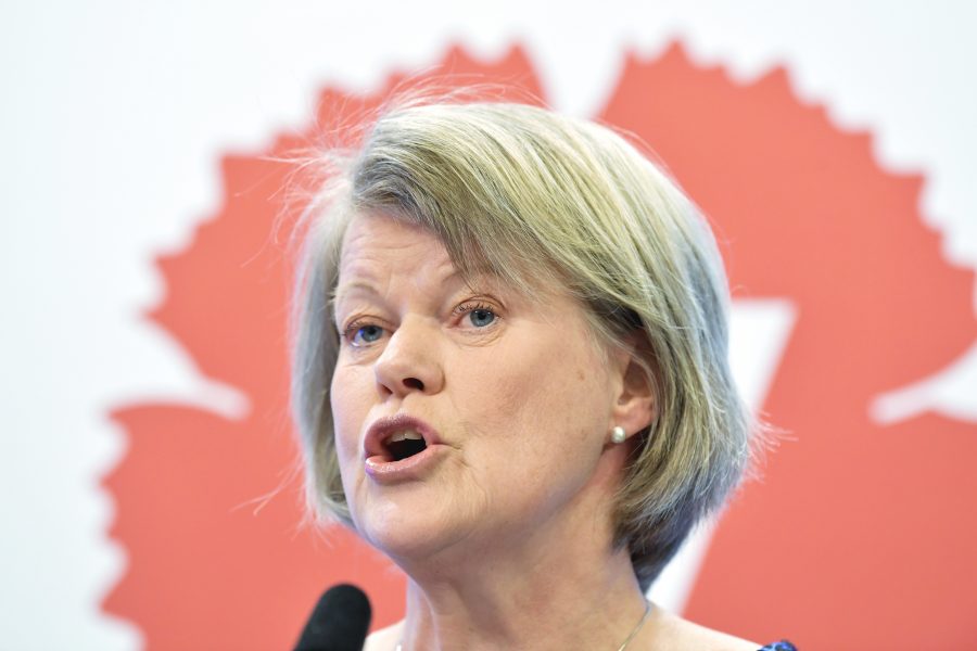 Vänsterpartiets ekonomisk-politiske talesperson Ulla Andersson (V) kommenterar vårbudgeten vid en pressträff, riksdagens presscenter.