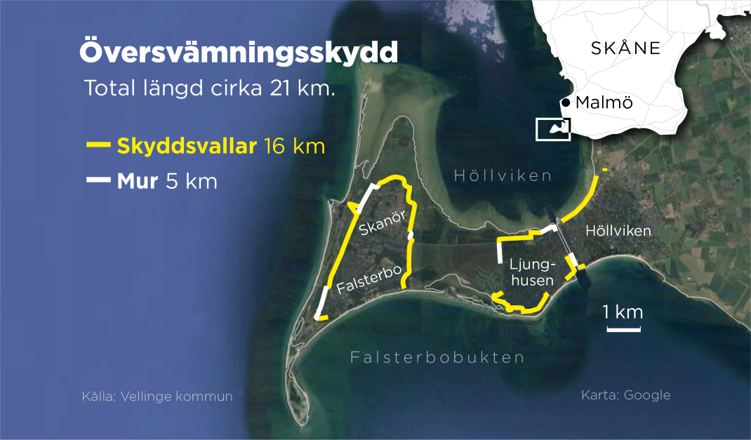 Karta över över områden med planerade vallar.