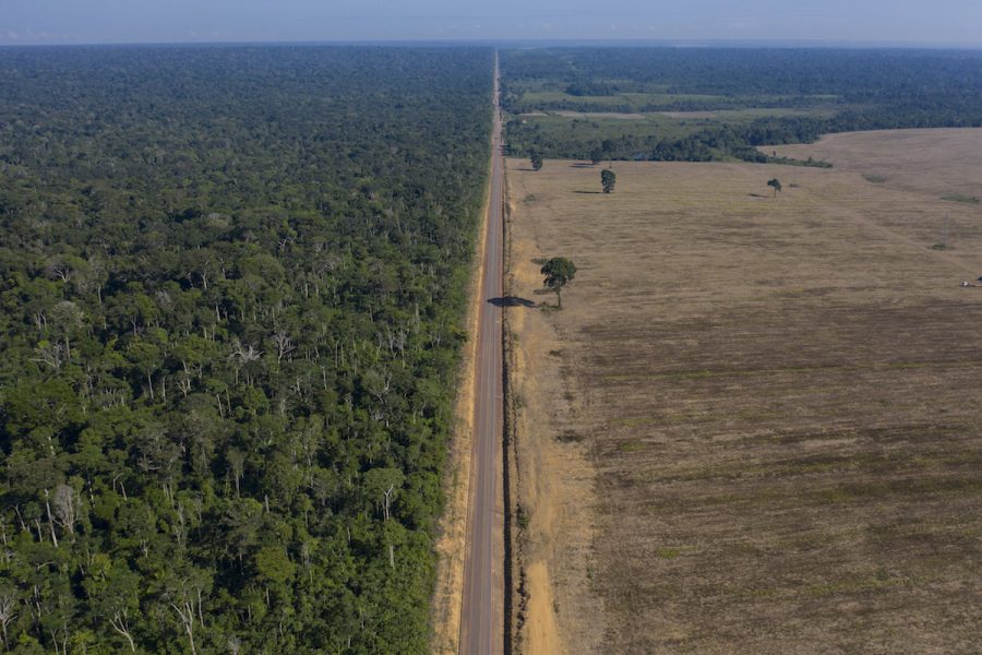 Motorvägen BR-163 sträcker sig mellan Tapajos national forest och ett sojafält i Brasilien.