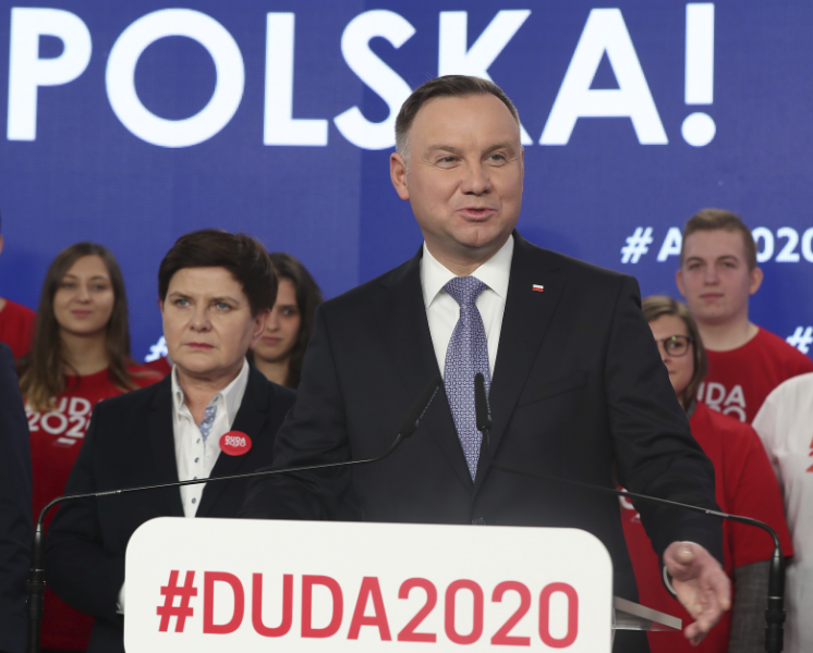 Polens president Andrzej Duda från styrande Lag och rättvisa (PIS) kampanjtalar i Warszawa i februari.