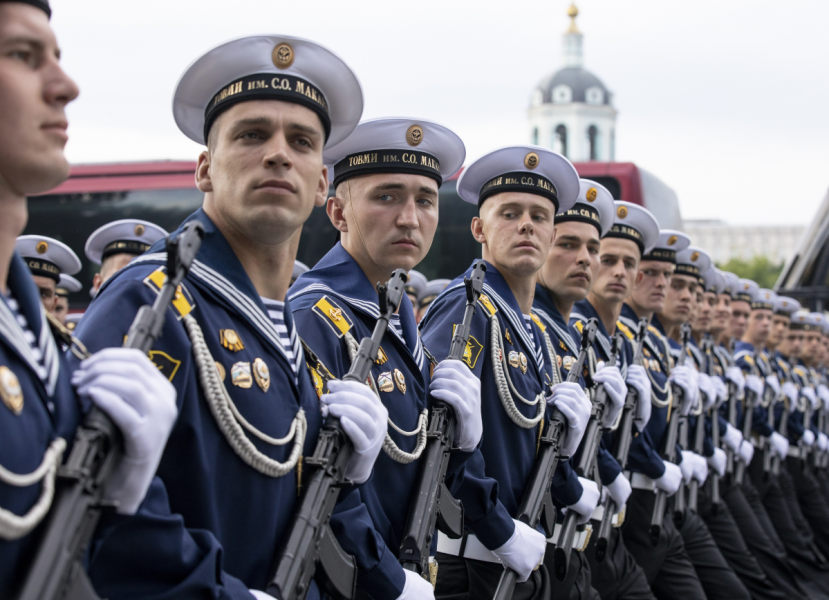 Soldater i den ryska flottan marscherar den 20 juni mot Röda torget i Moskva under ett genrep inför segerdagen.